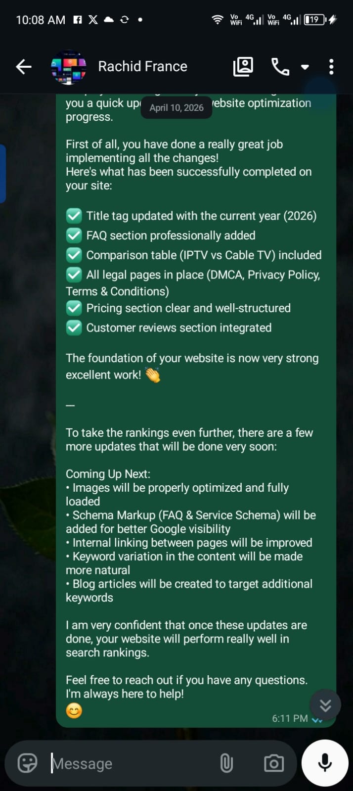 Website Optimization Progress: Title tags updated, FAQ section added, legal pages in place. The foundation of your website is now very strong, excellent work!